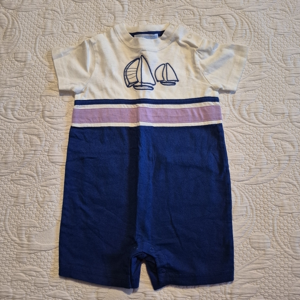 Janie and Jack boys 6-12 months color block blue purple white romper VGUC